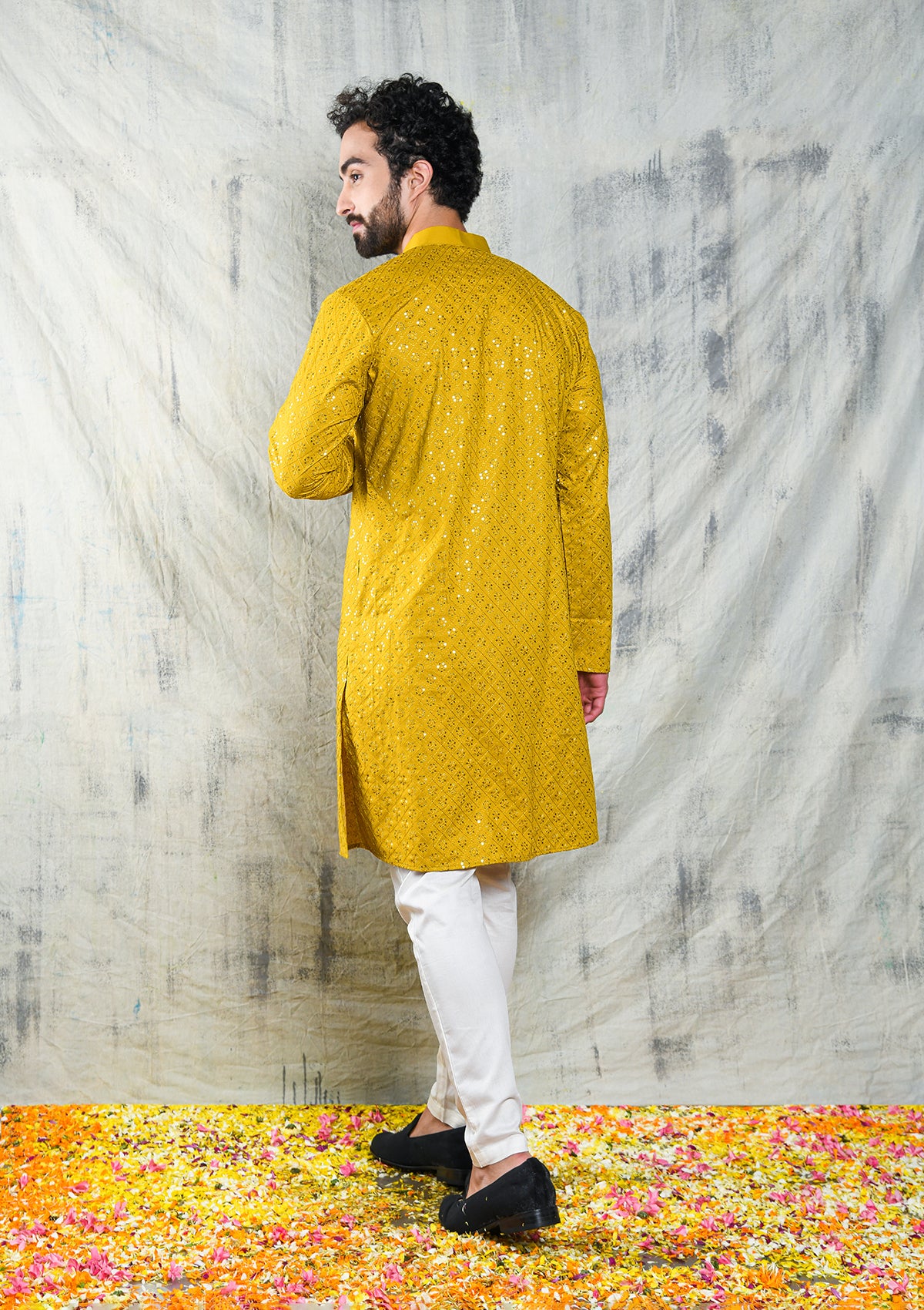 EMBROIDERED MUSTARD YELLOW KURTA PYJAMA SET WITH ALL OVER SEQUIN DESIGN