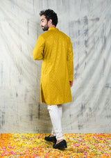 EMBROIDERED MUSTARD YELLOW KURTA PYJAMA SET WITH ALL OVER SEQUIN DESIGN