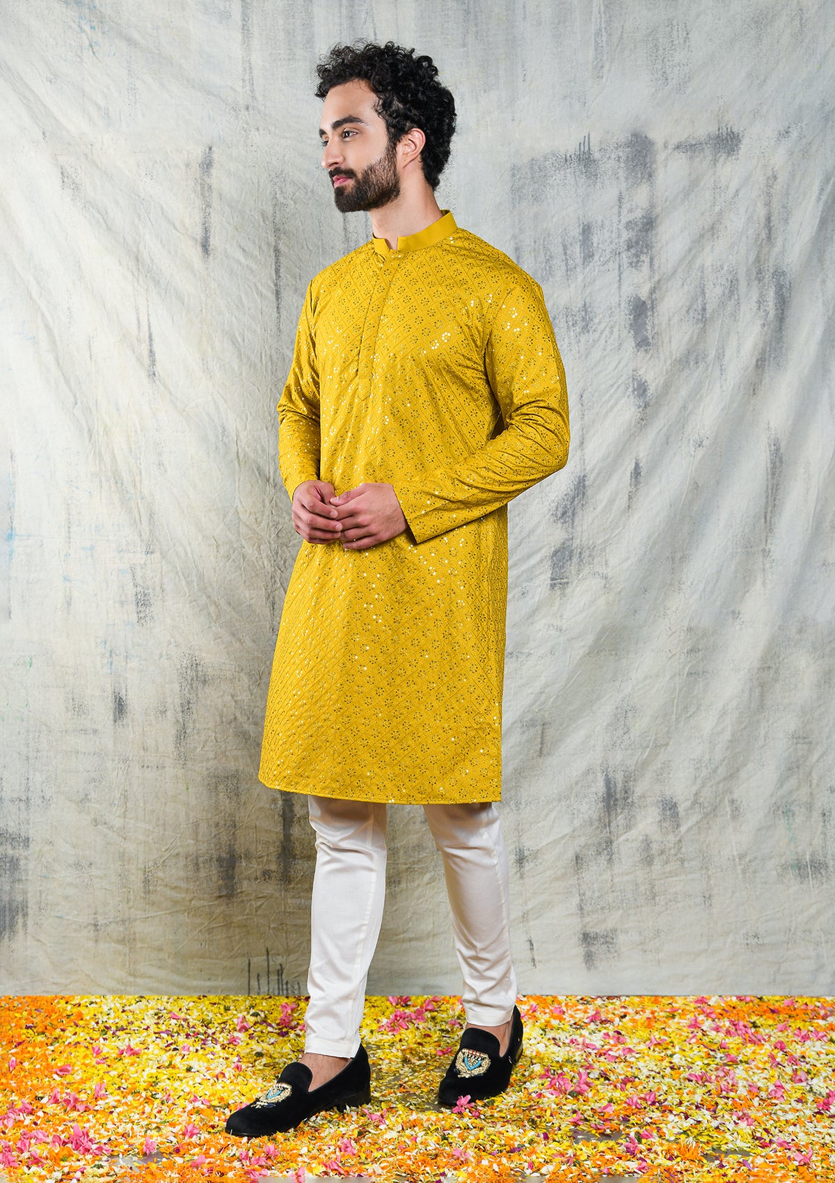 EMBROIDERED MUSTARD YELLOW KURTA PYJAMA SET WITH ALL OVER SEQUIN DESIGN