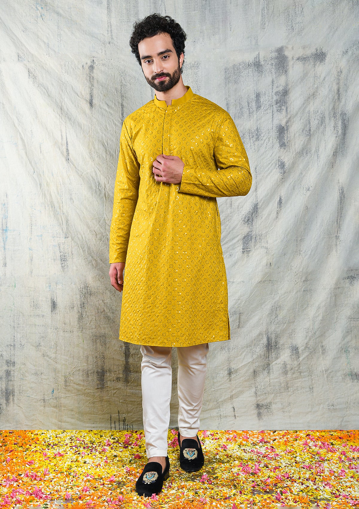 EMBROIDERED MUSTARD YELLOW KURTA PYJAMA SET WITH ALL OVER SEQUIN DESIGN