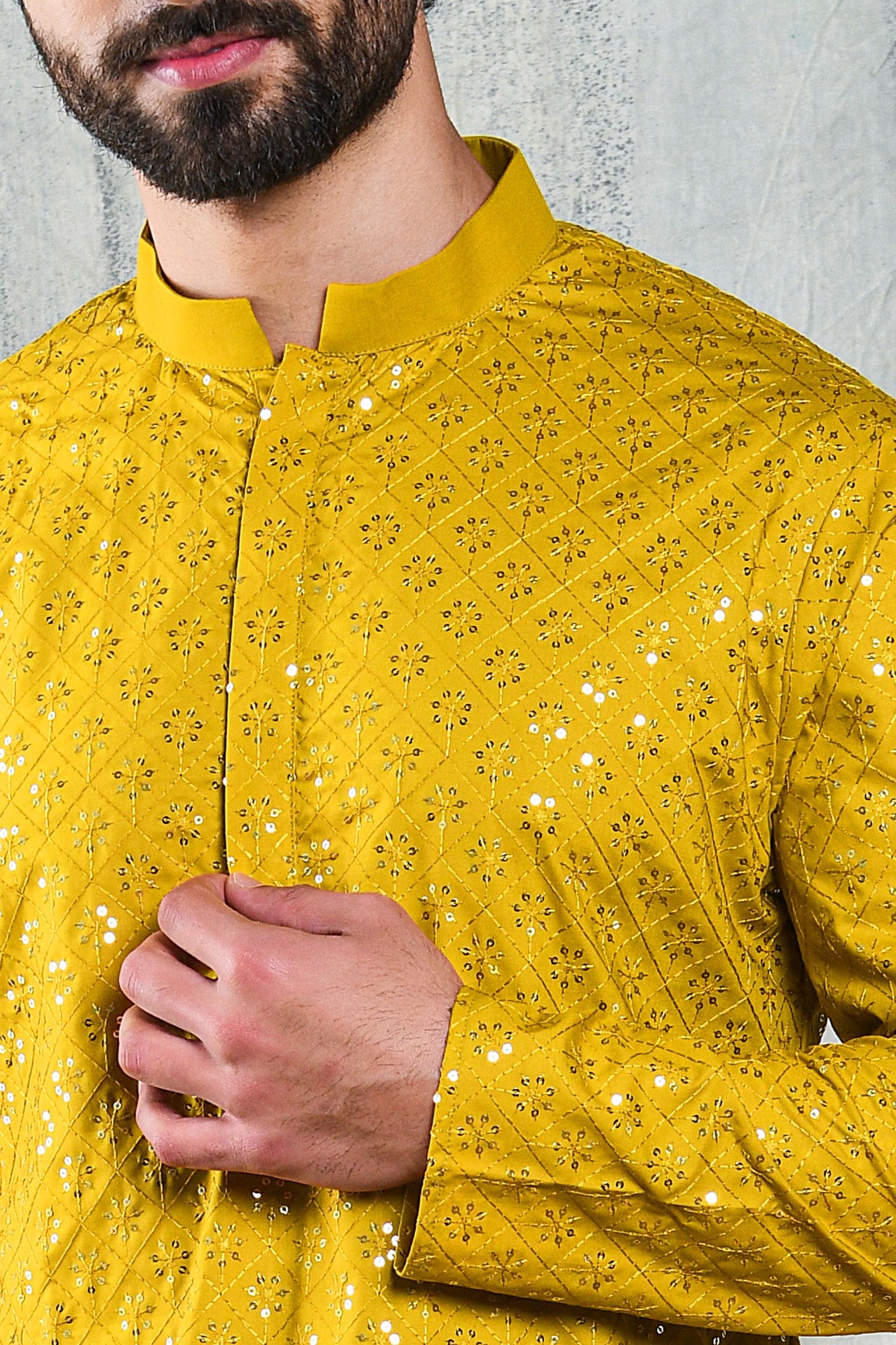 EMBROIDERED MUSTARD YELLOW KURTA PYJAMA SET WITH ALL OVER SEQUIN DESIGN