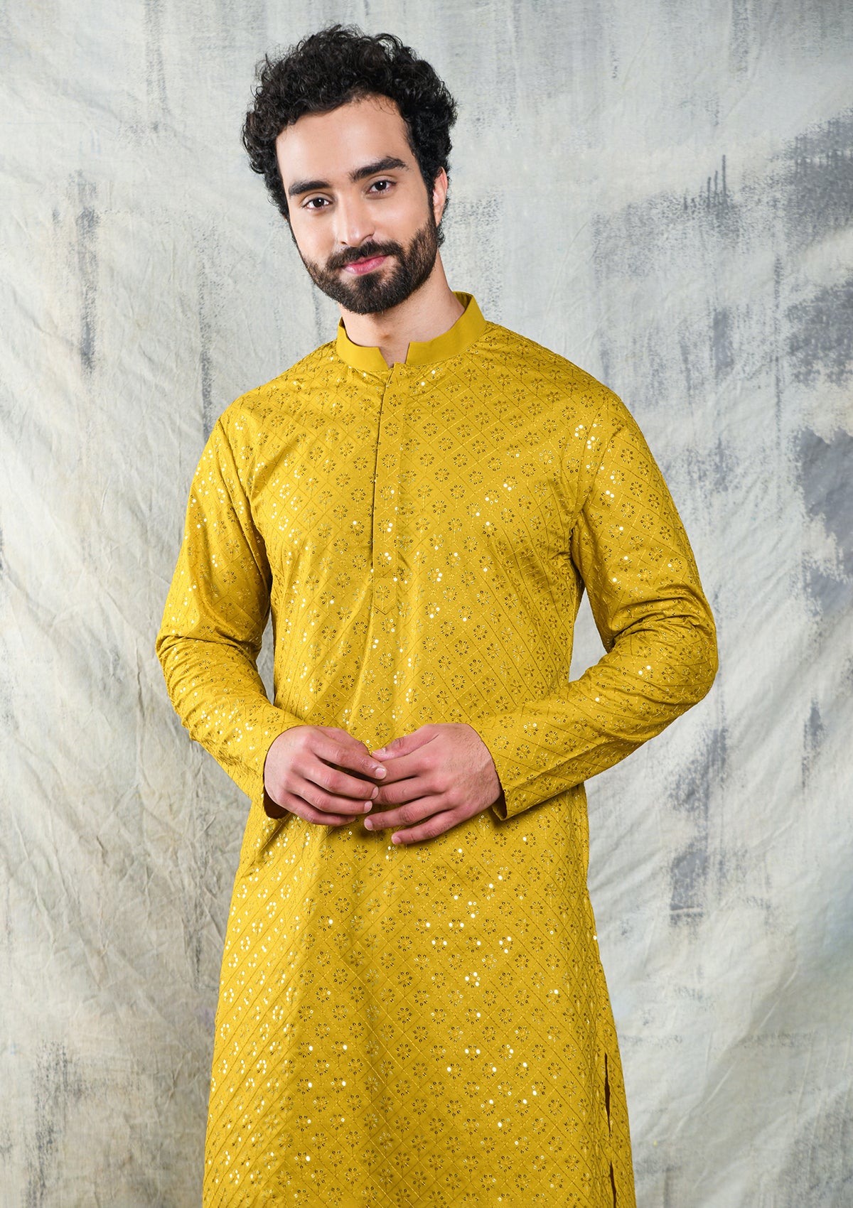 EMBROIDERED MUSTARD YELLOW KURTA PYJAMA SET WITH ALL OVER SEQUIN DESIGN