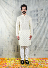 IVORY CREAM KURTA PYJAMA SET WITH CHECKERBOARD ABLA EMBROIDERY