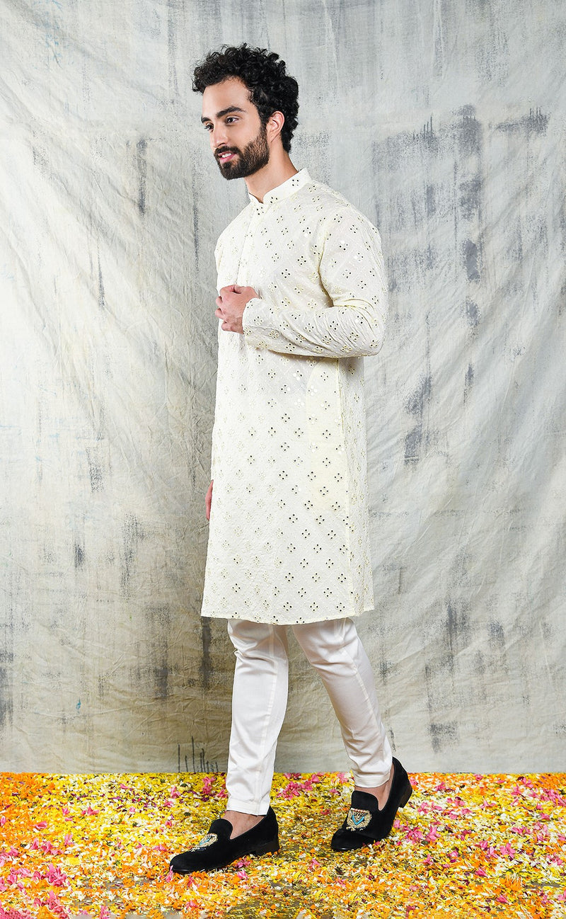 IVORY CREAM KURTA PYJAMA SET WITH CHECKERBOARD ABLA EMBROIDERY