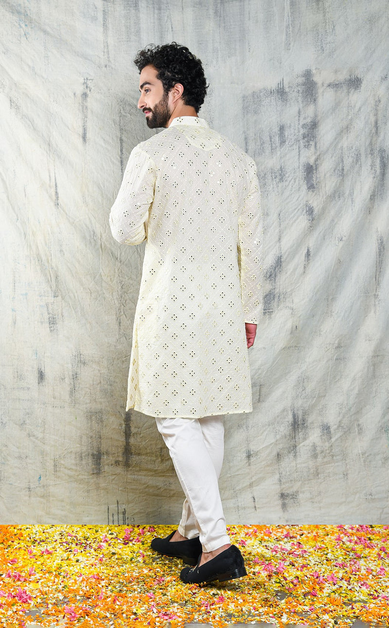 IVORY CREAM KURTA PYJAMA SET WITH CHECKERBOARD ABLA EMBROIDERY