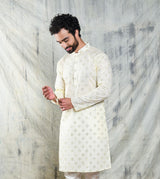 IVORY CREAM KURTA PYJAMA SET WITH CHECKERBOARD ABLA EMBROIDERY