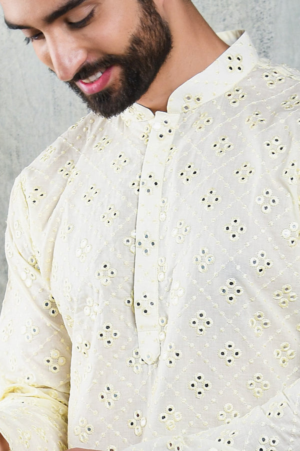 IVORY CREAM KURTA PYJAMA SET WITH CHECKERBOARD ABLA EMBROIDERY