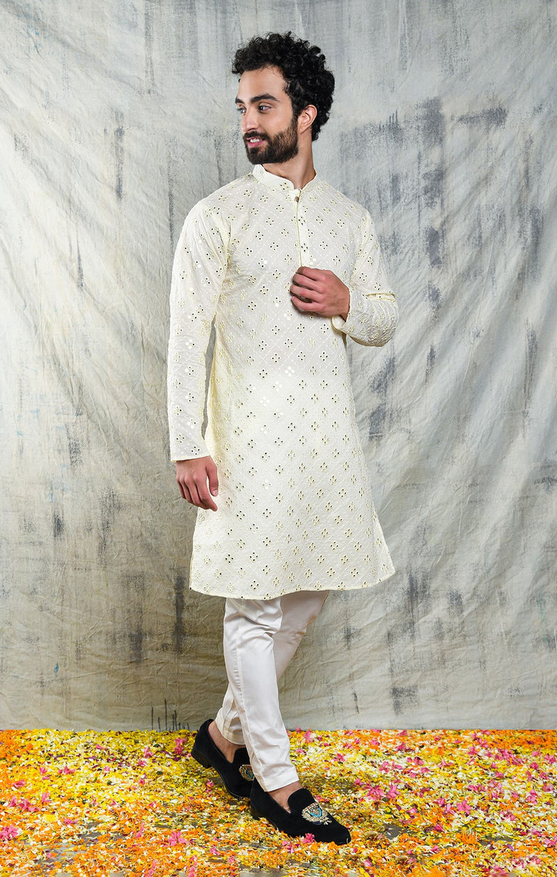 IVORY CREAM KURTA PYJAMA SET WITH CHECKERBOARD ABLA EMBROIDERY