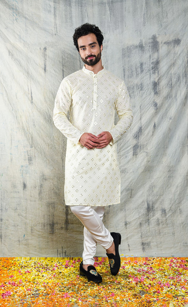 IVORY CREAM KURTA PYJAMA SET WITH CHECKERBOARD ABLA EMBROIDERY