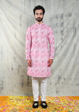 Men's kurta pajama with sequins embroidery in tie and dye pink color by Be Desi