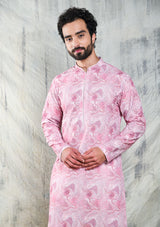 Men's kurta pajama with sequins embroidery in tie and dye pink color