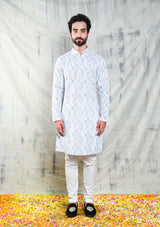 IVORY & BLUE EMBROIDERED GEOMETRIC DESIGN KURTA SET WITH CONTRAST NECK PIPING DETAIL