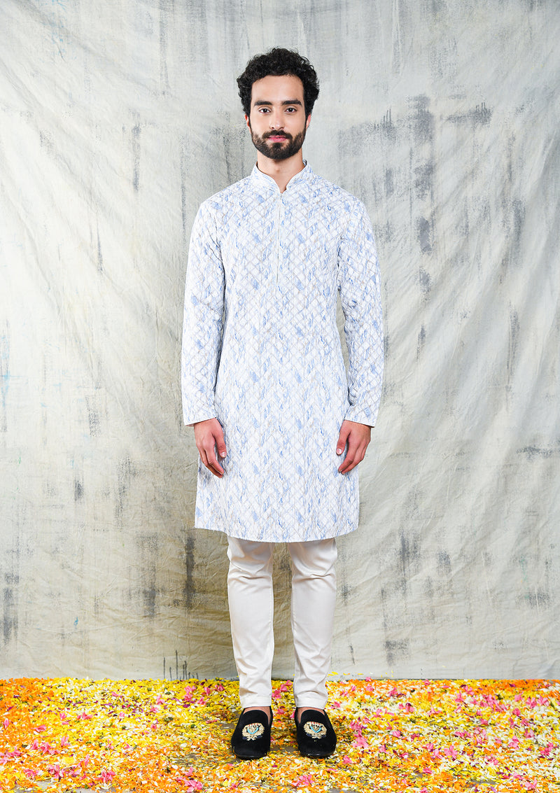 IVORY & BLUE EMBROIDERED GEOMETRIC DESIGN KURTA SET WITH CONTRAST NECK PIPING DETAIL