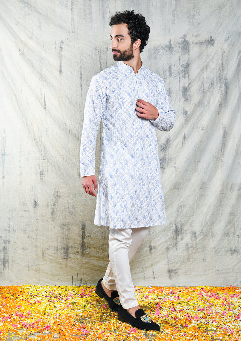 IVORY & BLUE EMBROIDERED GEOMETRIC DESIGN KURTA SET WITH CONTRAST NECK PIPING DETAIL