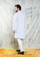 IVORY & BLUE EMBROIDERED GEOMETRIC DESIGN KURTA SET WITH CONTRAST NECK PIPING DETAIL
