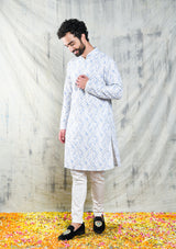 IVORY & BLUE EMBROIDERED GEOMETRIC DESIGN KURTA SET WITH CONTRAST NECK PIPING DETAIL