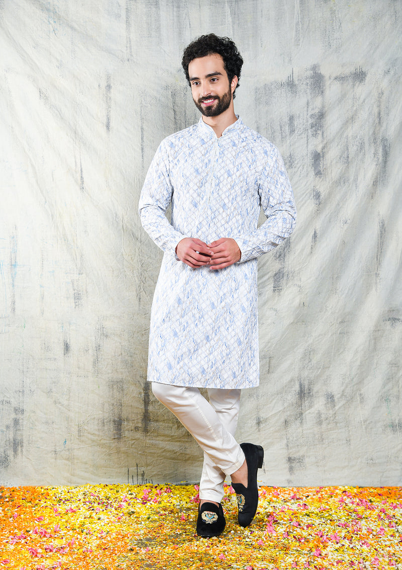 IVORY & BLUE EMBROIDERED GEOMETRIC DESIGN KURTA SET WITH CONTRAST NECK PIPING DETAIL