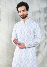 IVORY & BLUE EMBROIDERED GEOMETRIC DESIGN KURTA SET WITH CONTRAST NECK PIPING DETAIL