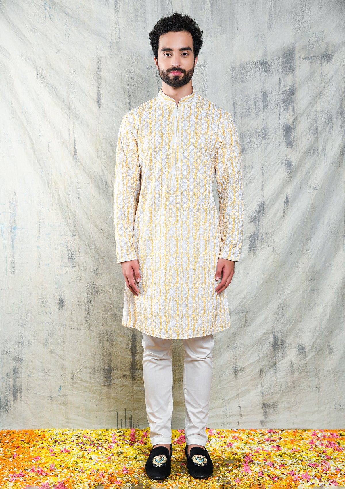 EMBROIDERED YELLOW SHIBORI DESIGN KURTA PYJAMA SET WITH CONTRAST NECK PIPING DETAIL