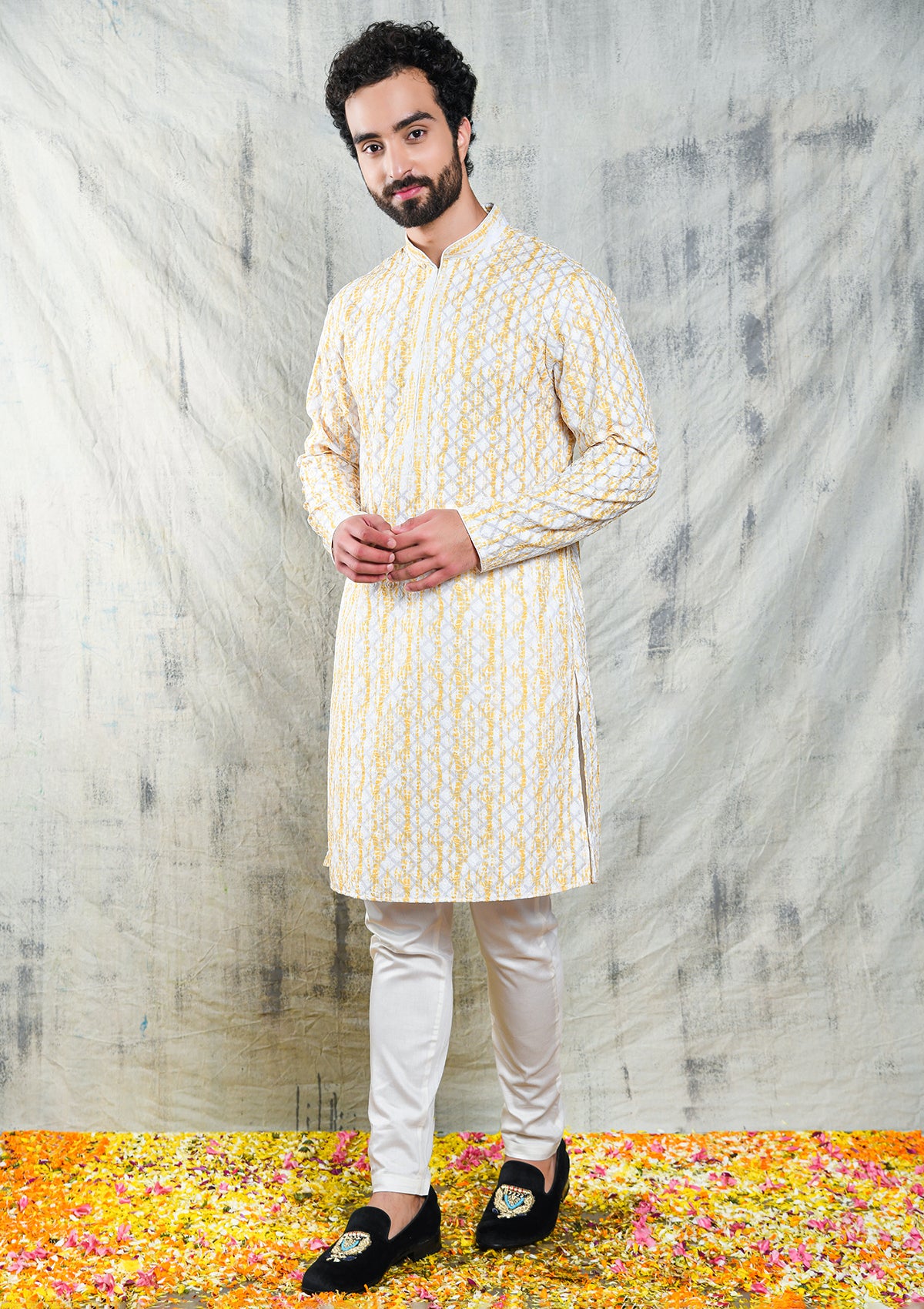 EMBROIDERED YELLOW SHIBORI DESIGN KURTA PYJAMA SET WITH CONTRAST NECK PIPING DETAIL