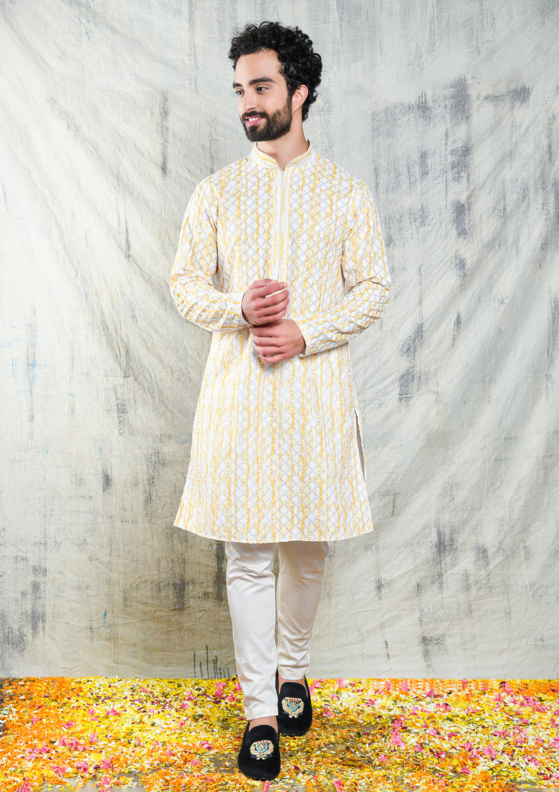EMBROIDERED YELLOW SHIBORI DESIGN KURTA PYJAMA SET WITH CONTRAST NECK PIPING DETAIL