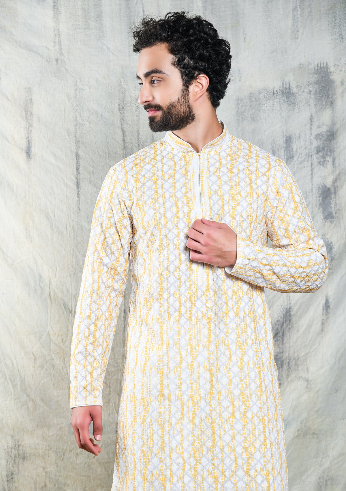 EMBROIDERED YELLOW SHIBORI DESIGN KURTA PYJAMA SET WITH CONTRAST NECK PIPING DETAIL