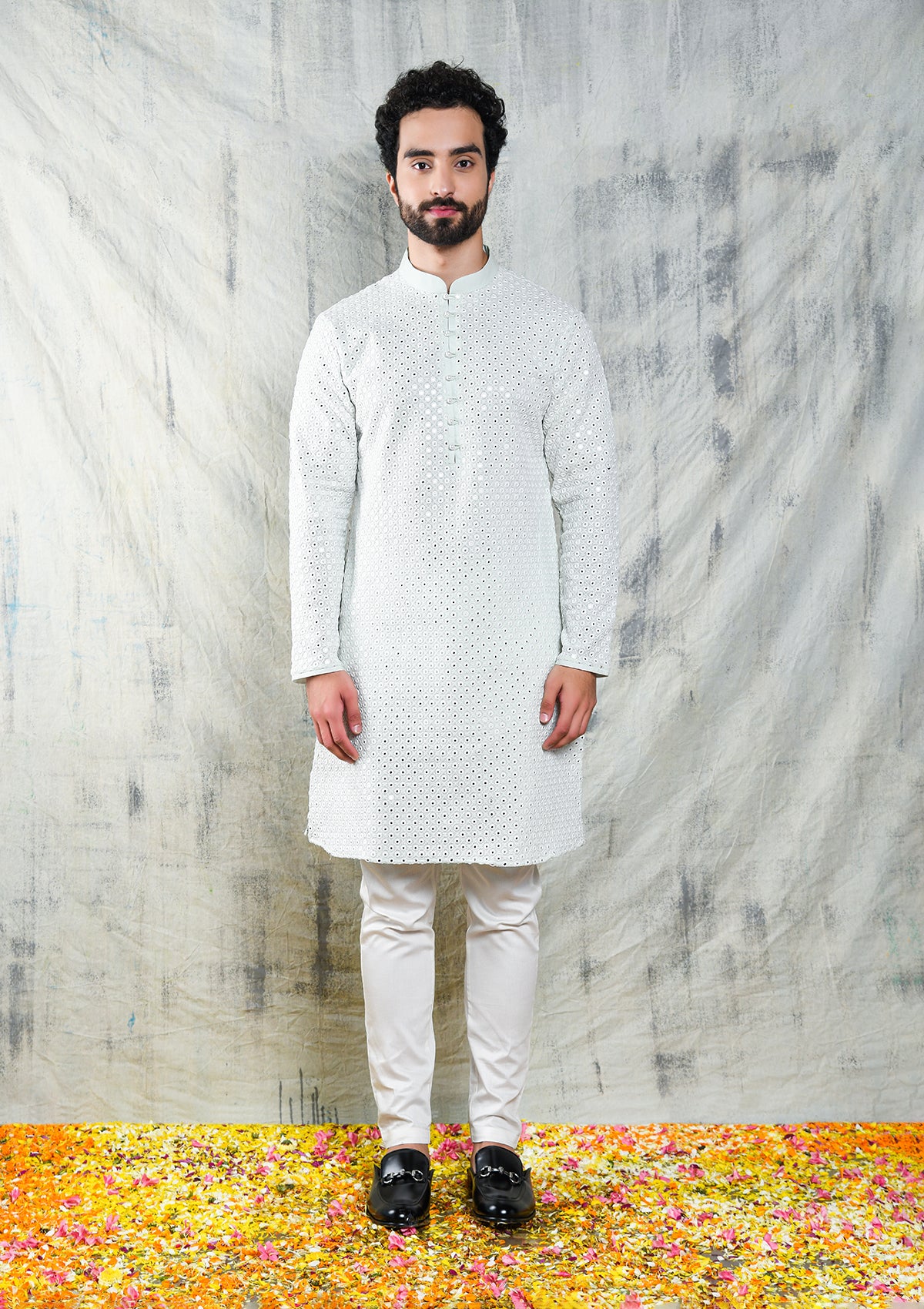 MINT GREEN MIRROR ABLA EMBROIDERED KURTA PYJAMA SET WITH PEARL BUTTON DETAIL
