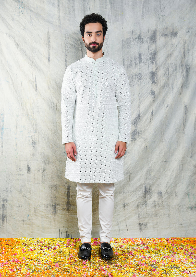 MINT GREEN MIRROR ABLA EMBROIDERED KURTA SET WITH PEARL BUTTON DETAIL