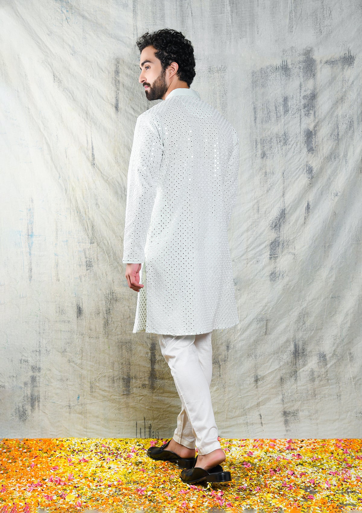 MINT GREEN MIRROR ABLA EMBROIDERED KURTA PYJAMA SET WITH PEARL BUTTON DETAIL