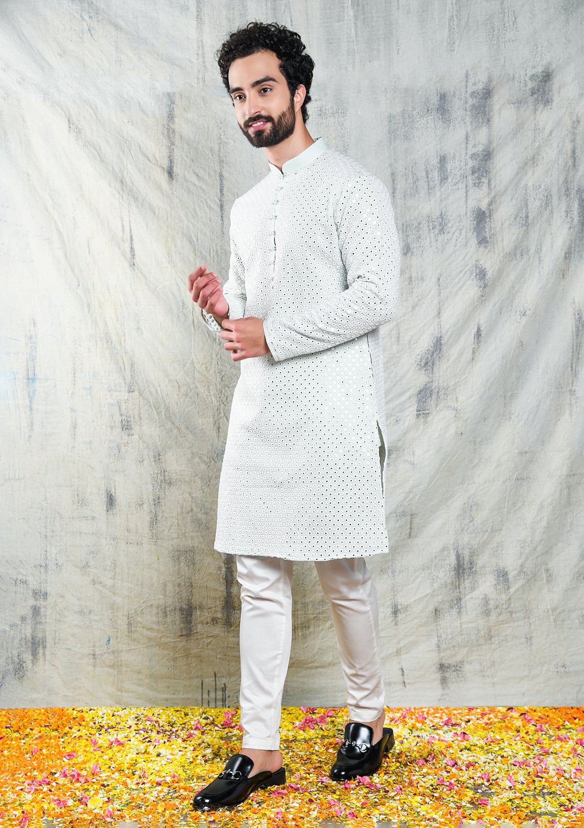 MINT GREEN MIRROR ABLA EMBROIDERED KURTA PYJAMA SET WITH PEARL BUTTON DETAIL