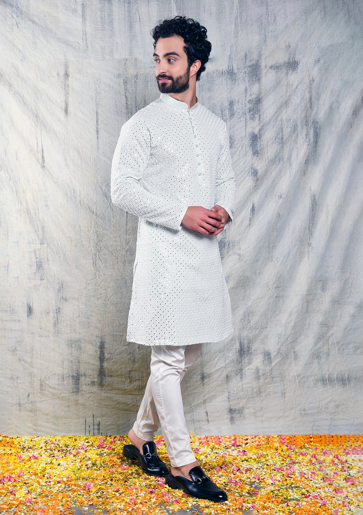 MINT GREEN MIRROR ABLA EMBROIDERED KURTA PYJAMA SET WITH PEARL BUTTON DETAIL