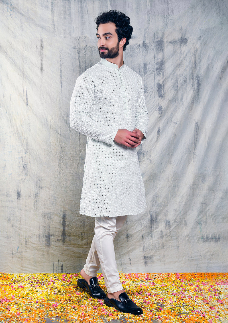 MINT GREEN MIRROR ABLA EMBROIDERED KURTA SET WITH PEARL BUTTON DETAIL