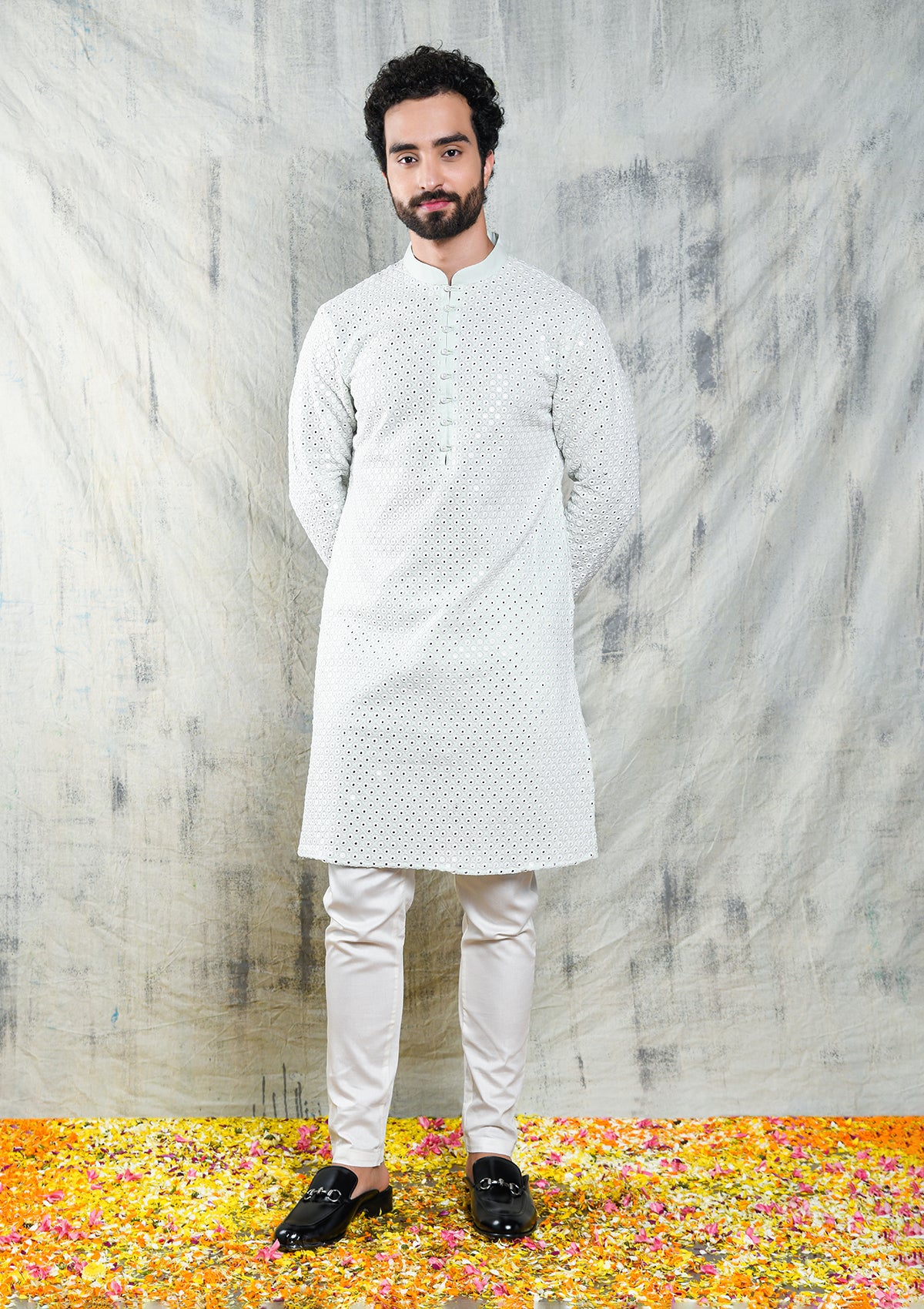 MINT GREEN MIRROR ABLA EMBROIDERED KURTA PYJAMA SET WITH PEARL BUTTON DETAIL