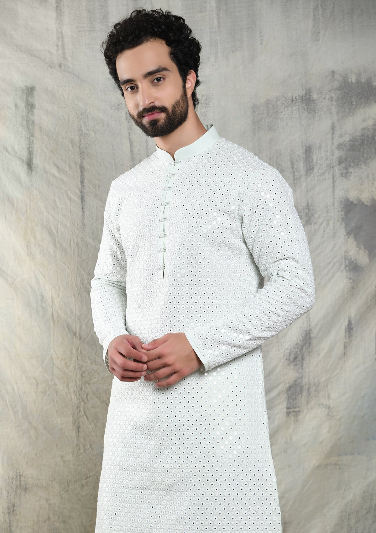 MINT GREEN MIRROR ABLA EMBROIDERED KURTA PYJAMA SET WITH PEARL BUTTON DETAIL