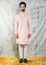 EMBROIDERED PASTEL PINK KURTA PYJAMA SET WITH ALL OVER SEQUIN DESIGN