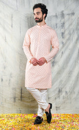 EMBROIDERED PASTEL PINK KURTA PYJAMA SET WITH ALL OVER SEQUIN DESIGN
