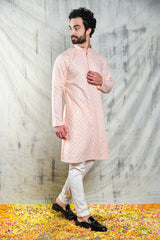 EMBROIDERED PASTEL PINK KURTA PYJAMA SET WITH ALL OVER SEQUIN DESIGN