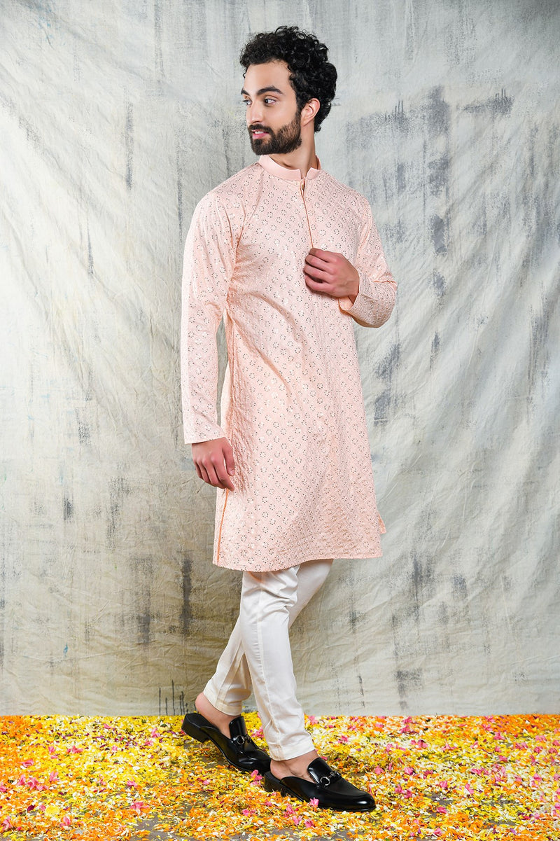 EMBROIDERED PASTEL PINK KURTA PYJAMA SET WITH ALL OVER SEQUIN DESIGN