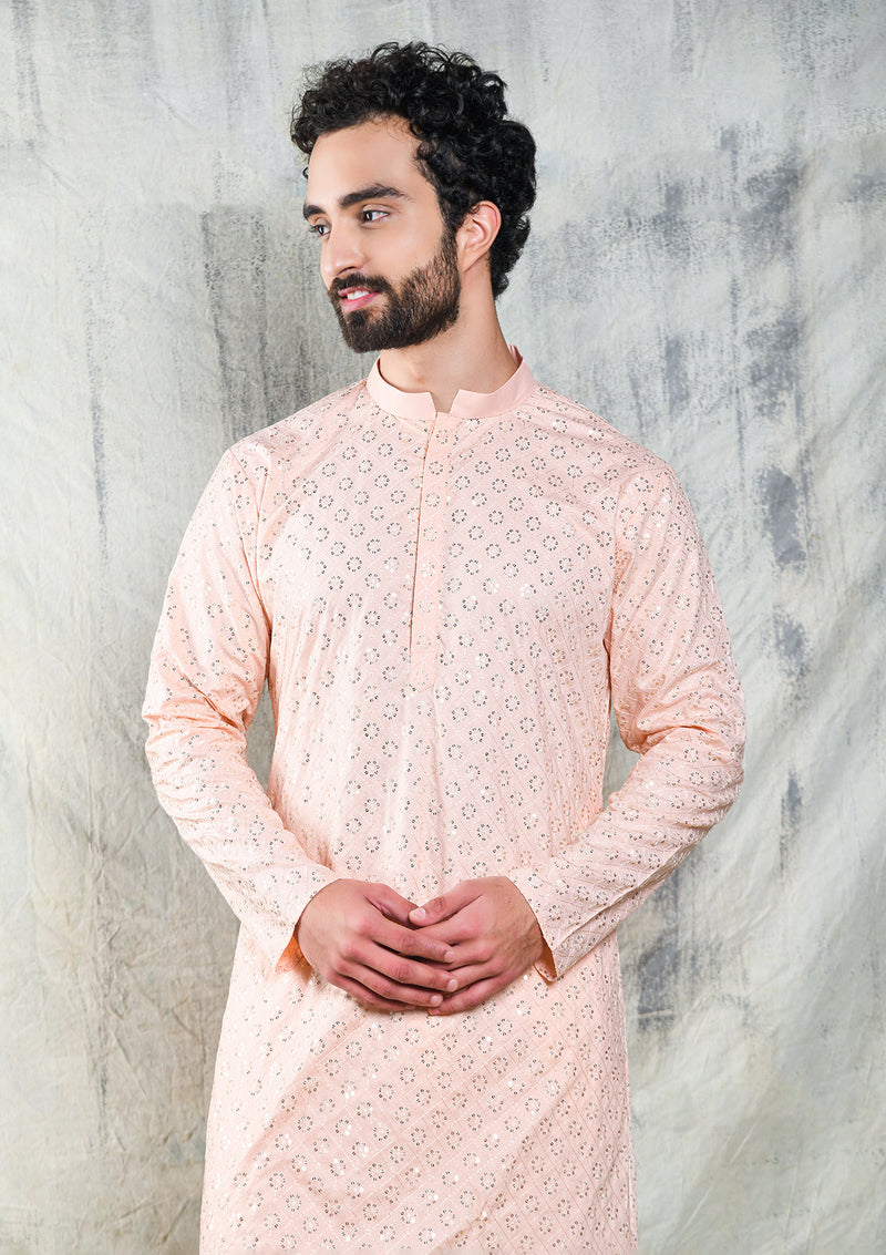 EMBROIDERED PASTEL PINK KURTA PYJAMA SET WITH ALL OVER SEQUIN DESIGN
