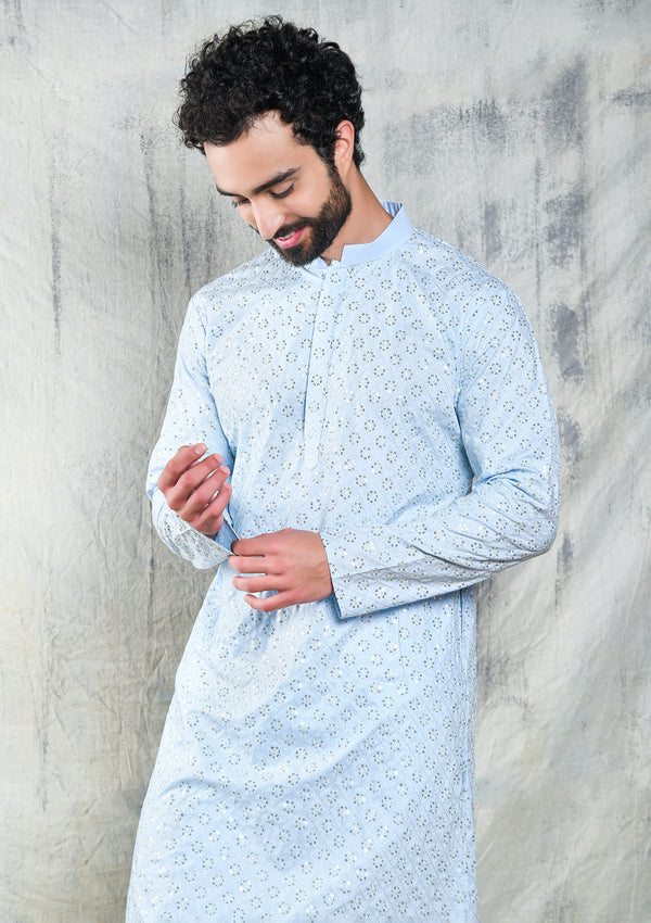 EMBROIDERED PASTEL BLUE KURTA PYJAMA SET WITH ALL OVER SEQUIN DESIGN