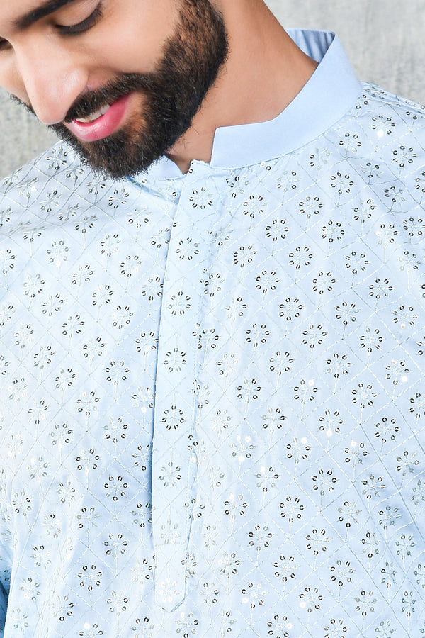 EMBROIDERED PASTEL BLUE KURTA PYJAMA SET WITH ALL OVER SEQUIN DESIGN