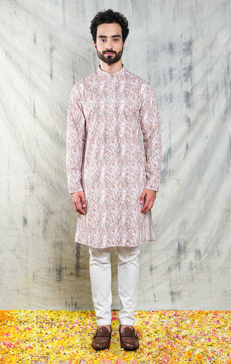 EMBROIDERED KASHMIRI PAISLEY KURTA PYJAMA SET WITH SEQUINS & CONTRAST PIPING DETAIL