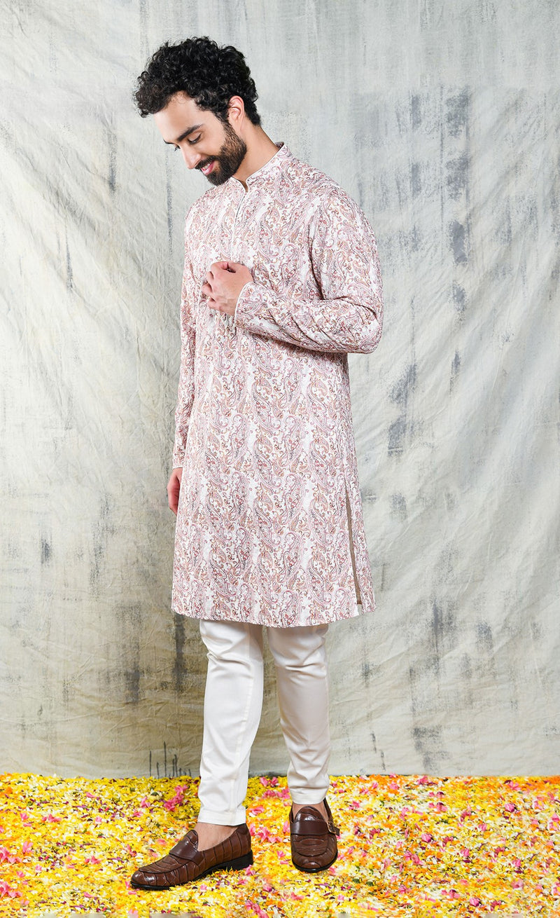 EMBROIDERED KASHMIRI PAISLEY KURTA PYJAMA SET WITH SEQUINS & CONTRAST PIPING DETAIL