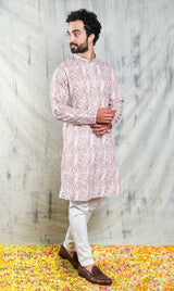 EMBROIDERED KASHMIRI PAISLEY KURTA PYJAMA SET WITH SEQUINS & CONTRAST PIPING DETAIL