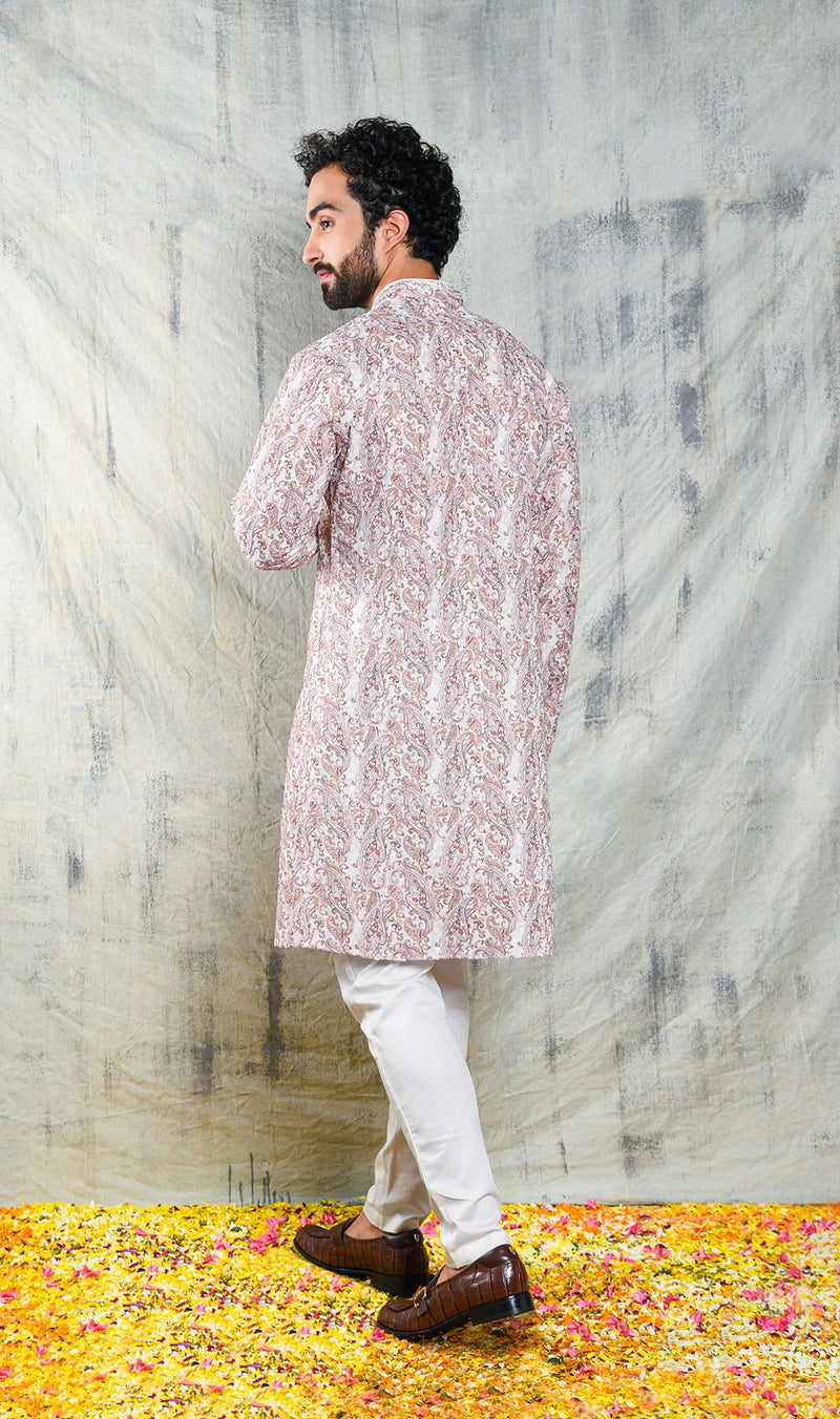 EMBROIDERED KASHMIRI PAISLEY KURTA PYJAMA SET WITH SEQUINS & CONTRAST PIPING DETAIL