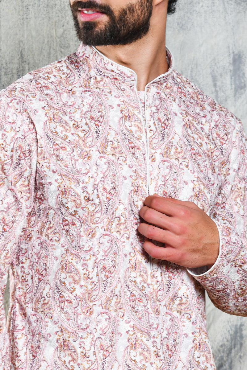 EMBROIDERED KASHMIRI PAISLEY KURTA PYJAMA SET WITH SEQUINS & CONTRAST PIPING DETAIL
