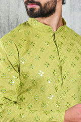 LIGHT OLIVE GREEN KURTA PYJAMA SET WITH CHECKERBOARD ABLA EMBROIDERY