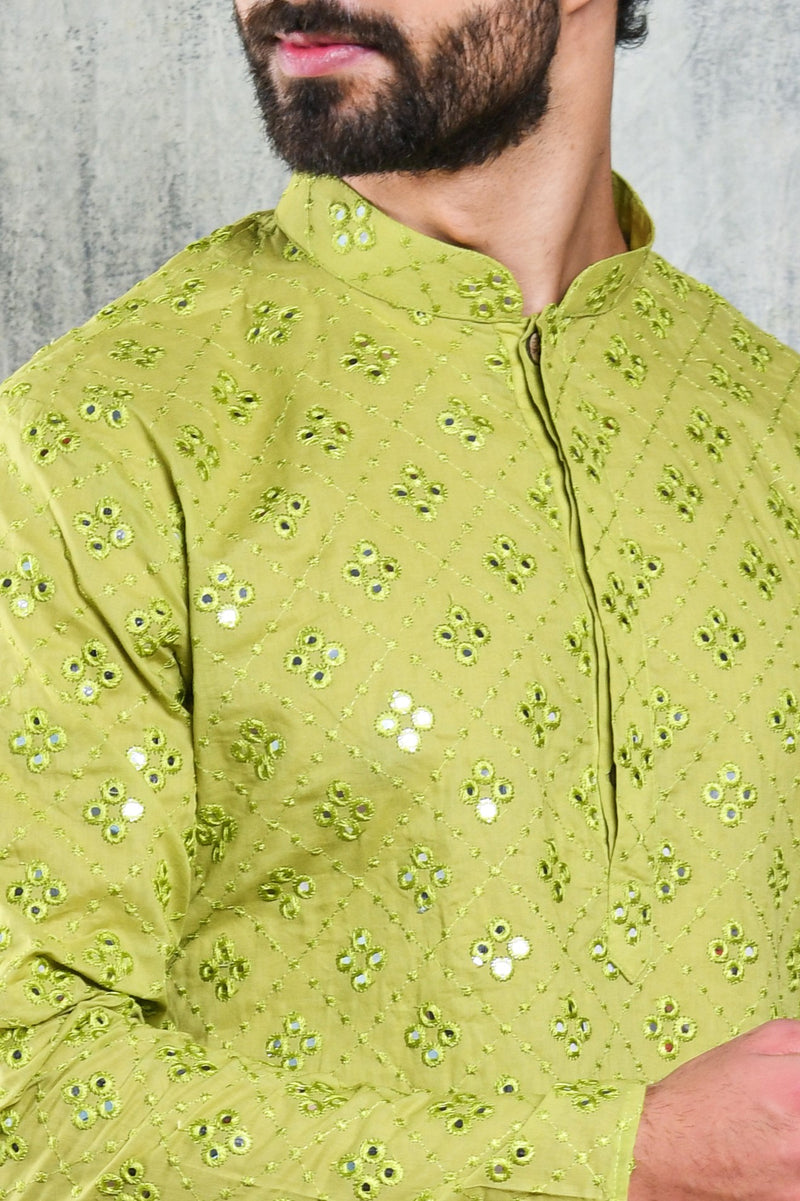 LIGHT OLIVE GREEN KURTA PYJAMA SET WITH CHECKERBOARD ABLA EMBROIDERY