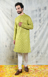 LIGHT OLIVE GREEN KURTA PYJAMA SET WITH CHECKERBOARD ABLA EMBROIDERY