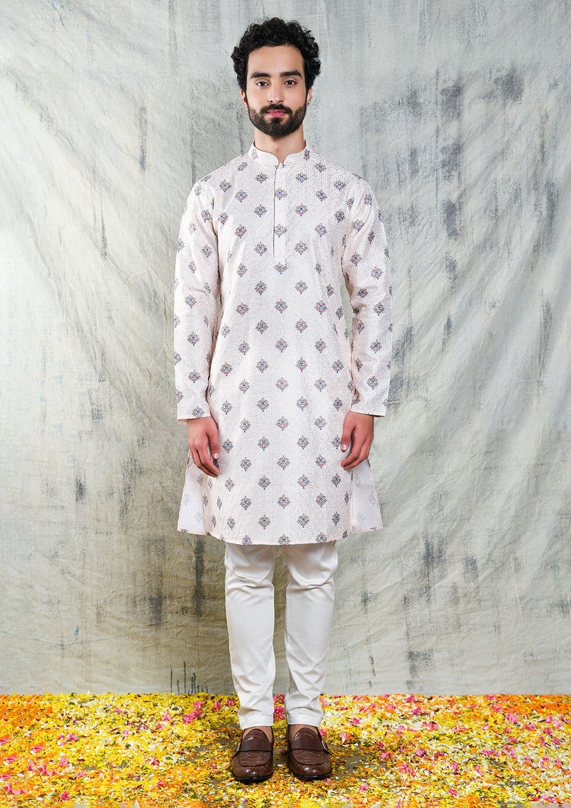 LIGHT CREAM MOTIF PRINTED POLY SILK KURTA PYJAMA SET WITH EMBROIDERY